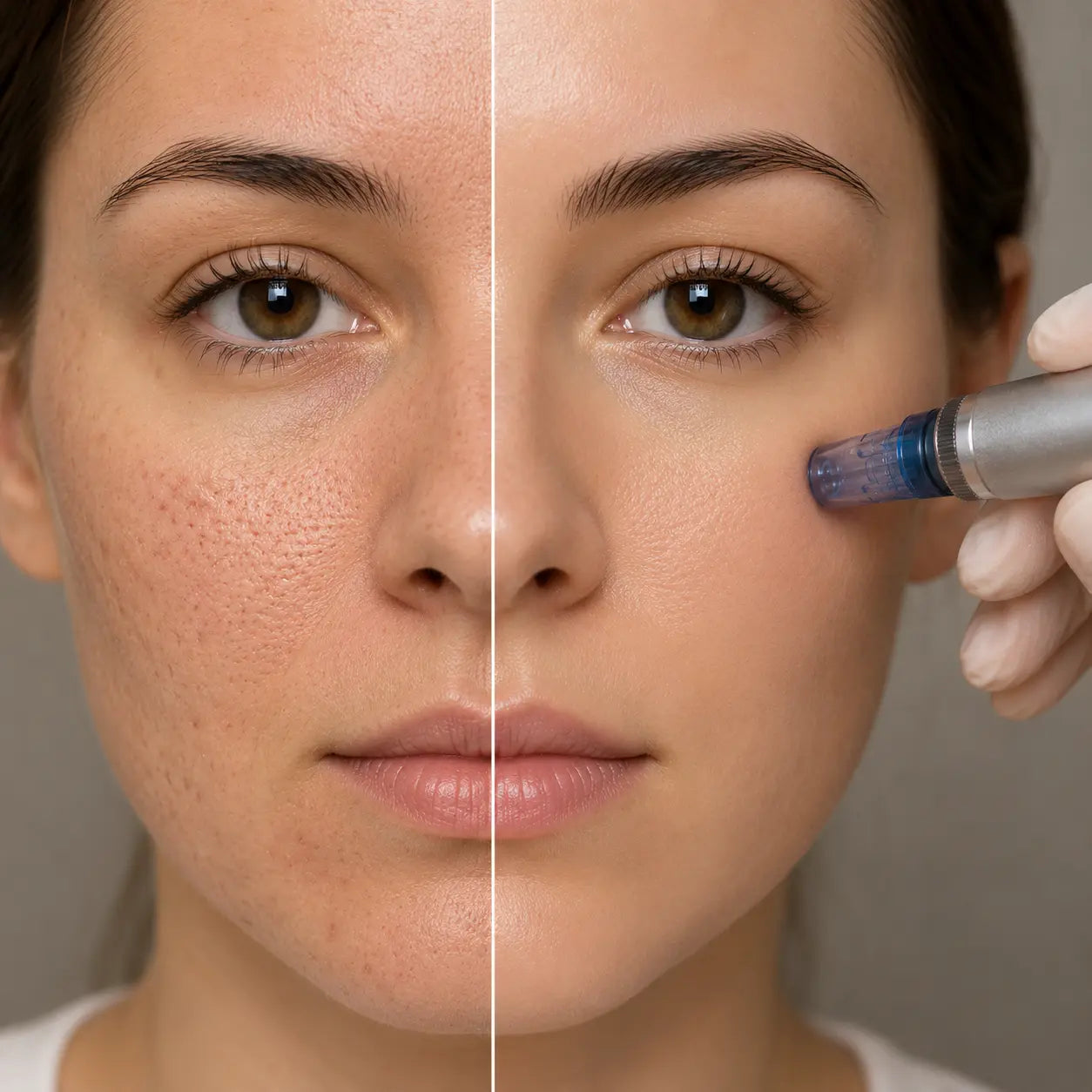 Résultat avant/après microneedling Dr. Pen M8, peau visage affinée et lumineuse