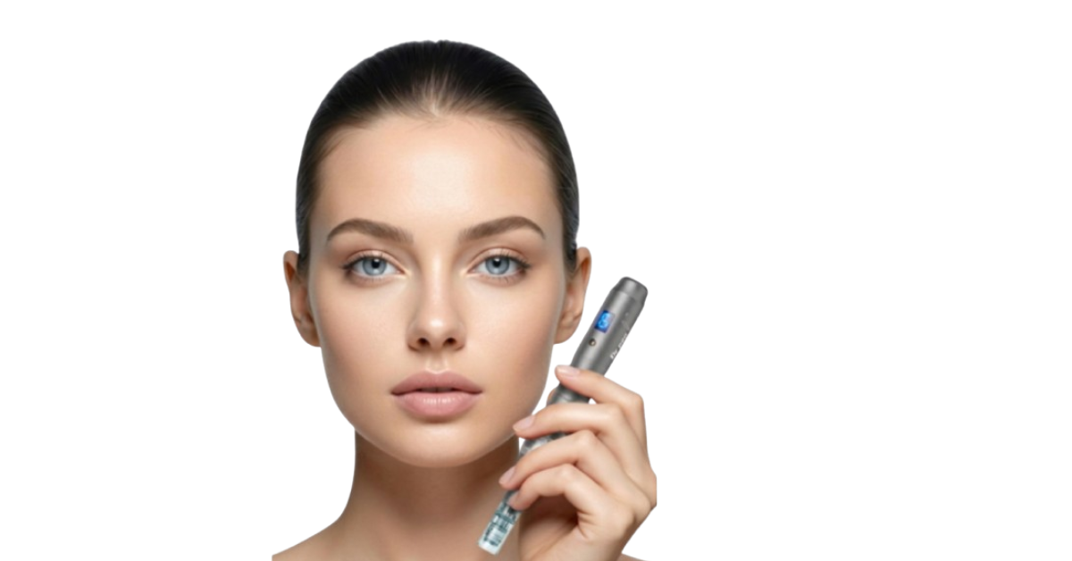 Femme appliquant le Dr. Pen M8 sur son visage, rituel microneedling anti-âge à domicile