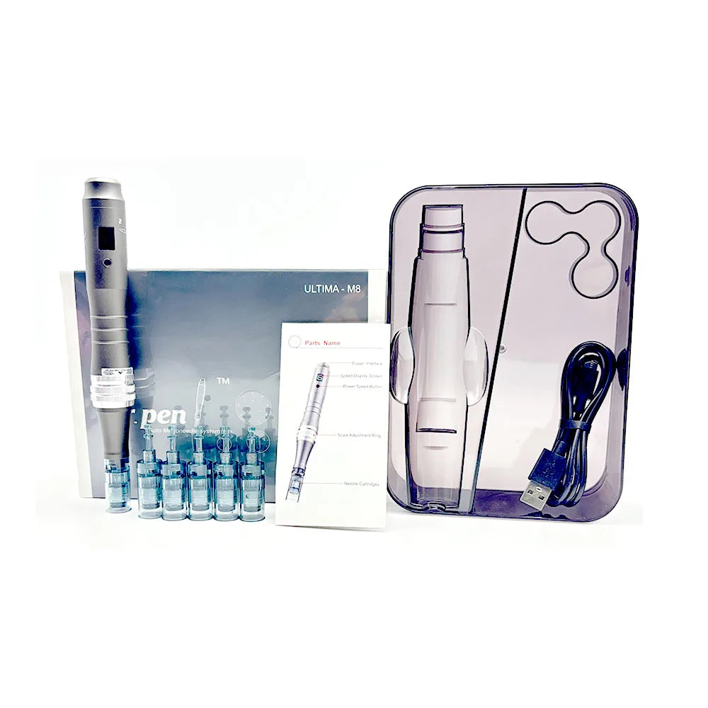 Contenu complet du kit Dr. Pen M8 : stylo, cartouches, câble USB et chargeur